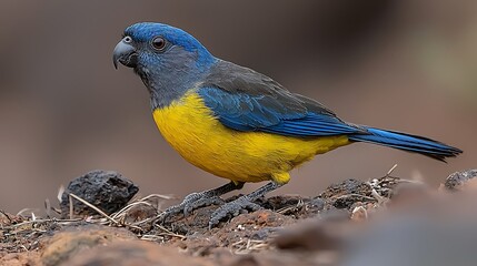 Vibrant blue and yellow bird perched on rocks outdoor habitat wildlife photography natural setting close-up view nature's beauty
