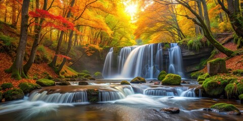 Serene Autumn waterfalls in Oirase stream surrounded by vibrant autumn foliage and towering trees with golden light filtering through leaves, forest scenery, autumnal colors