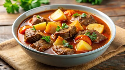 Close-up of beef goulash with potatoes in a bowl