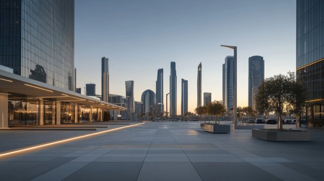 A sleek vehicle plaza with a panoramic city skyline at golden hour. Featuring modernity and depth