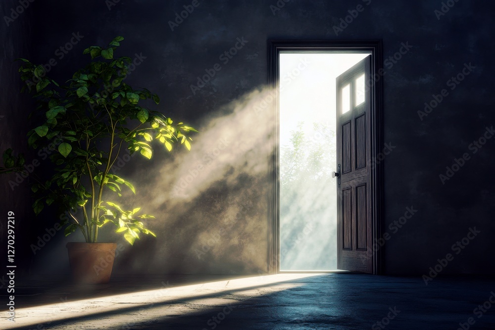 Poster light streaming through an open door with a potted plant in a dimly lit room creating a serene and i