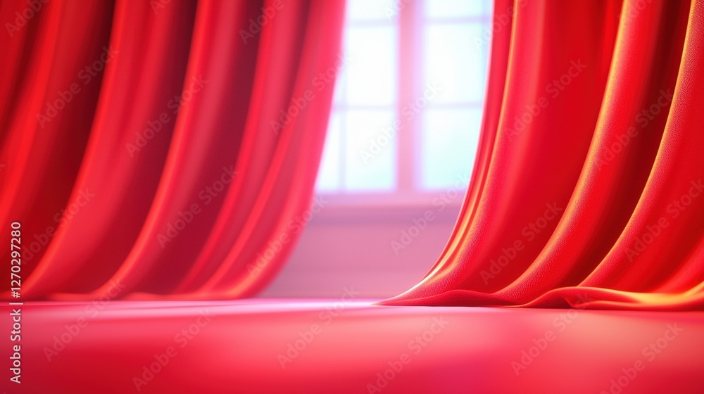 Poster a vibrant scene featuring flowing red curtains, softly illuminated from behind, creating a dramatic 