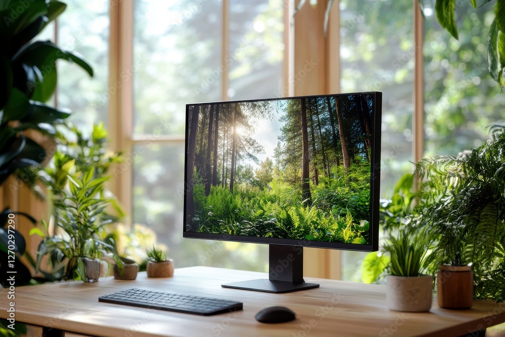 Poster modern workspace with computer displaying a lush forest scene, surrounded by indoor plants and natur