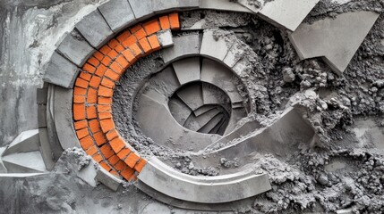 Abstract Concrete and Brick Art: A Gray and Orange Symphony