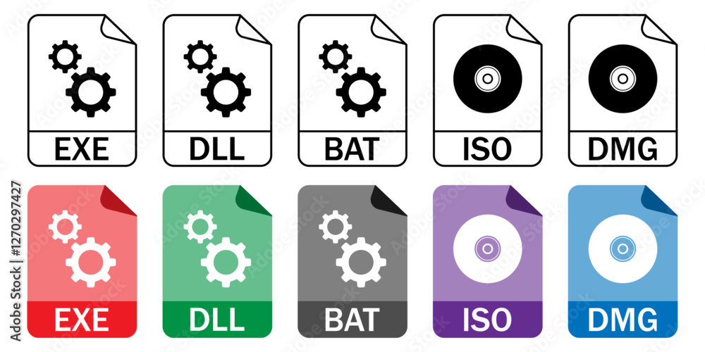 Aufkleber set of system and executable file format icons (exe, dll, bat, iso, dmg) in outline and color styles