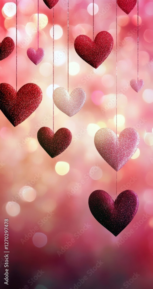 Poster beautiful glowing hearts hanging from strings against a soft pink background with bokeh effect – per
