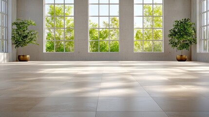 Fototapeta premium Empty modern room with large windows showing green trees outside and sunlight casting shadows on the tiled floor.