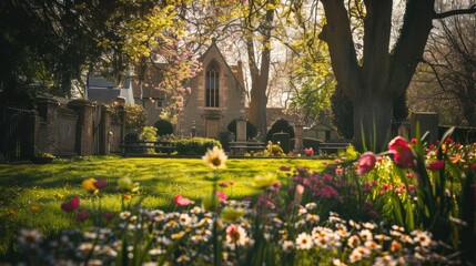 A Serene Garden Scene with a Historical Church Surrounded by Vibrant Flowers