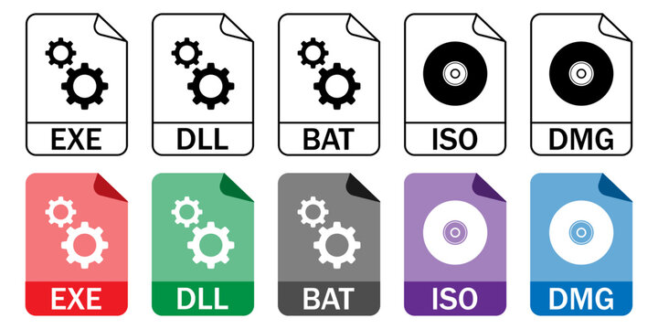 Set of system and executable file format icons (EXE, DLL, BAT, ISO, DMG) in outline and color styles. Ideal for software, IT, and development projects.