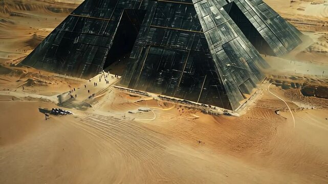 Aerial view of a massive pyramid structure in a desert landscape with visitors exploring nearby