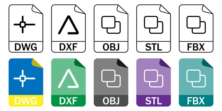 CAD and 3D file format icons collection. DWG DXF OBJ STL FBX symbols. Design and modeling file types. Engineering and architecture system elements. Digital format identifier icons.