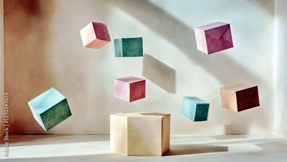 Aufkleber floating geometric shapes in pastel colors casting shadows on a calm background with soft lighting i