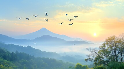 Obraz premium Birds soaring over majestic mountain landscape at sunrise beautiful nature scene serene environment panoramic view