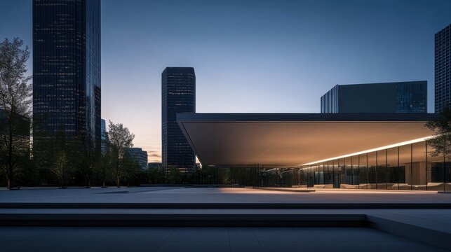 A sleek vehicle plaza with a wide city skyline at dusk. Featuring serenity and modernity
