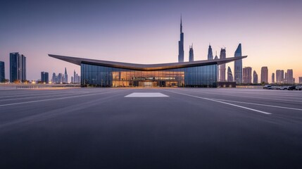 A sleek vehicle plaza with an ultra-modern skyline under soft morning light. Featuring simplicity and versatility