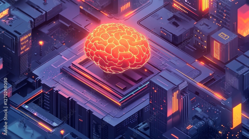 Poster conceptual illustration of an ai brain linked to technology environment
