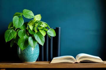 Close-Up View of Open Book Beside Green Leafy Plant in Decorative Pot on Wooden Table With Black Books in Background