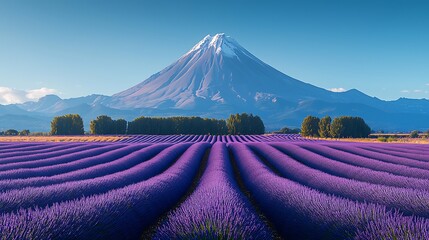 Naklejka premium Lavender fields in full bloom near mount fuji nature photography scenic view vibrant landscape
