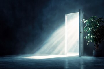 Ethereal Light Streaming Through an Open Door in a Dark Room with a Green Plant Enhancing a Sense of Mystery and Possibility in a Serene Atmosphere