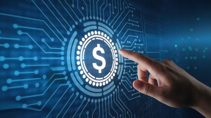 Hand interacting with a digital dollar sign interface