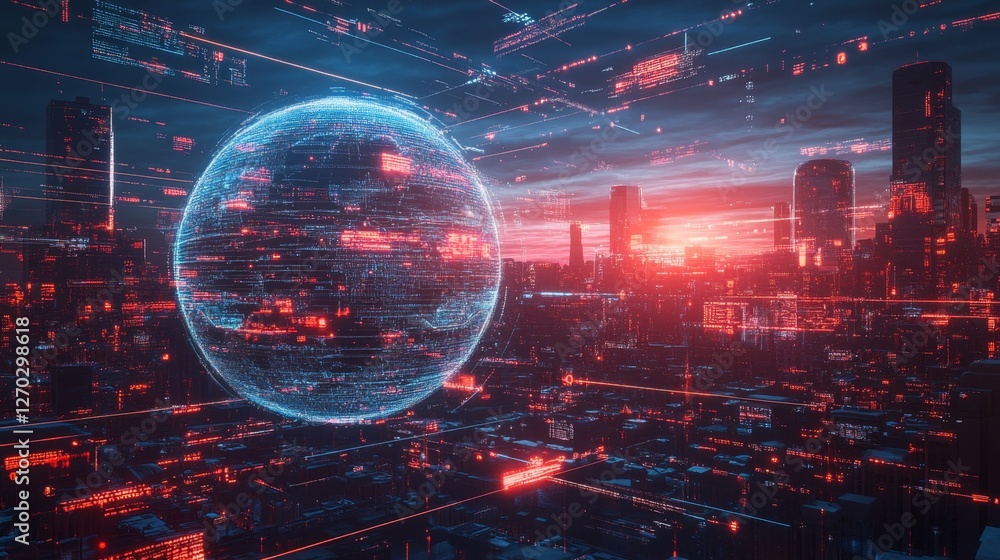 Poster digital globe with interconnected ai systems in urban environment