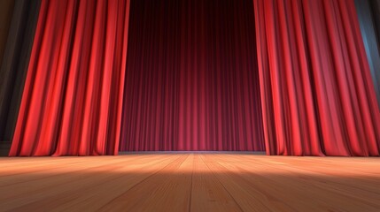 A vibrant stage with red curtains, inviting an audience to witness a performance in a theatrical setting.