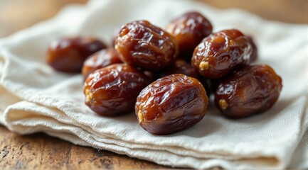 Obraz premium A close-up of glossy, plump dates on a smooth white linen napkin, with soft lighting highlighting textures.
