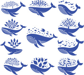Fototapeta premium Nine whales with trees and fish.