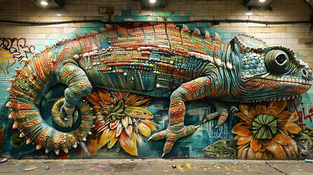 Colorful chameleon mural on urban wall, surrounded by vibrant flowers and graffiti art