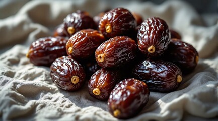 Obraz premium Rich, glossy dates rest on soft linen, with deep shadows and highlights adding depth to the composition.