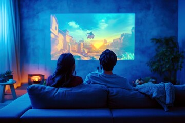 Naklejka premium A Cozy Evening at Home: Couple Watching Projector Screen with Scenic Landscape in Modern Living Room with Soft Lighting and Comfort