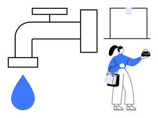Large water tap releasing a single drop, woman holding kettle and shopping bags. Ideal for water conservation, sustainability, household chores, shopping, daily routine, lifestyle, minimalism