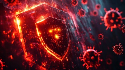 Glowing Firewall Icon Struggling Against Surge of Cyber Threats