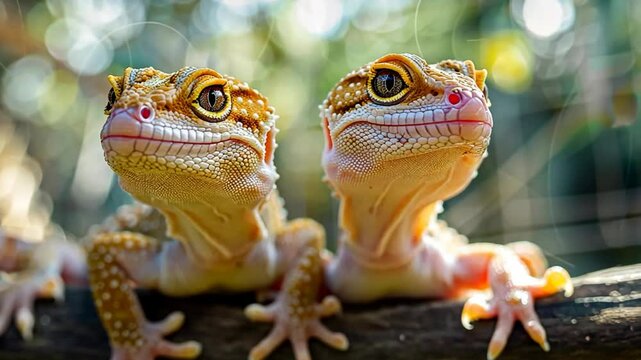close up two cute yellow lizard together on wood branch 