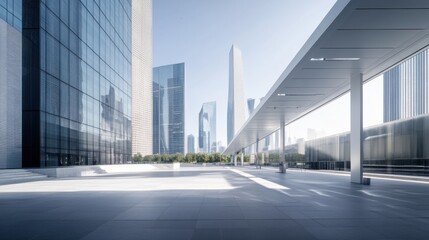 A spacious automotive plaza with a futuristic city skyline at sunset. Featuring serenity and elegance