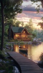 Fototapeta premium Lakeside cabin retreat with a wooden dock and canoe under the hues of a twilight sky