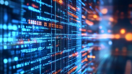 Digital Data Stream with Glowing Code on a Cybersecurity Monitor