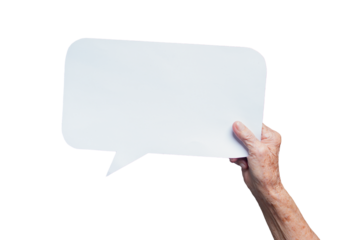 Senior hand with white speech bubble – idea, opinion, and expression symbol.