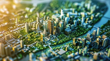 Aerial View of Futuristic City Model with Green Spaces