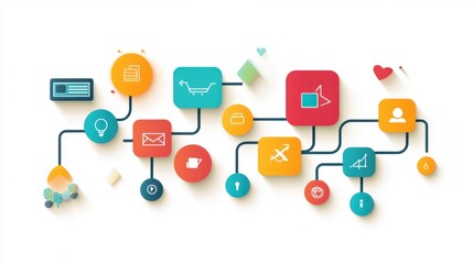 A colorful and modern infographic representing various digital communication and business processes, featuring icons for shopping, messaging, and user interaction against a clean background
