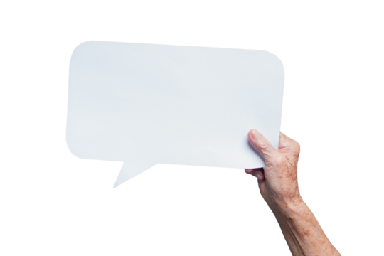 Senior hand with white speech bubble – idea, opinion, and expression symbol.