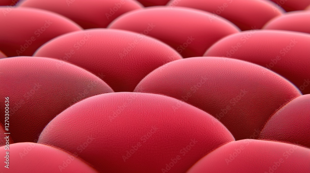 Poster a close-up view of a textured surface with numerous rounded red formations, resembling cells or othe