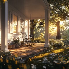 A serene porch scene at sunset featuring a rocking chair, surrounded by blooming flowers and gentle sunlight filtering through trees, evoking a sense of peace and relaxation.