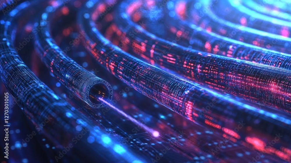 Poster intricate digital network with colorful light trails and data flow