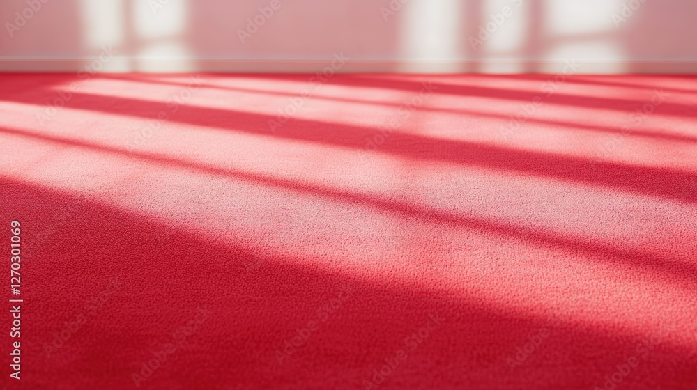 Poster a minimalistic view of a red carpet with soft shadows creating an artistic interplay of light and te