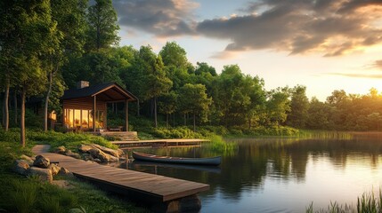 Obraz premium Secluded lakeside cabin retreat at sunset offering serene escape and breathtaking vistas