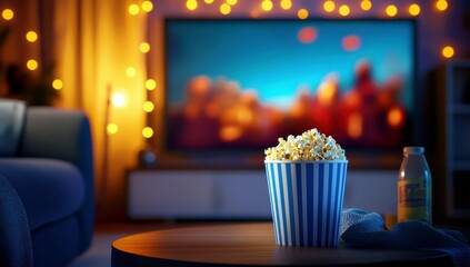 Cozy Movie Night at Home with Popcorn and a Soft Glow from Fairy Lights Illuminating the Living Room for a Relaxing Atmosphere