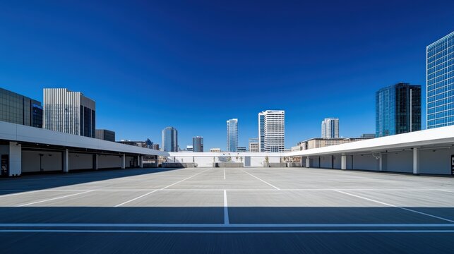 A spacious automotive plaza with a sleek urban skyline under a bright blue sky. Featuring symmetry and depth