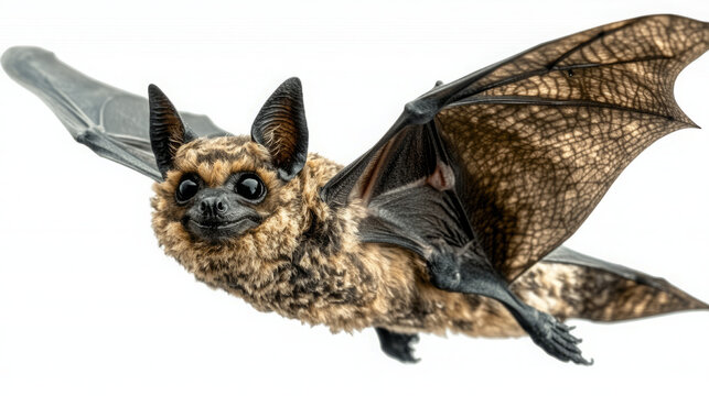 lesser horseshoe bat in flight close-up: detailed wildlife photography of rhinolophus hipposideros with dynamic wing anatomy on a white background, highlighting nocturnal animal portrait