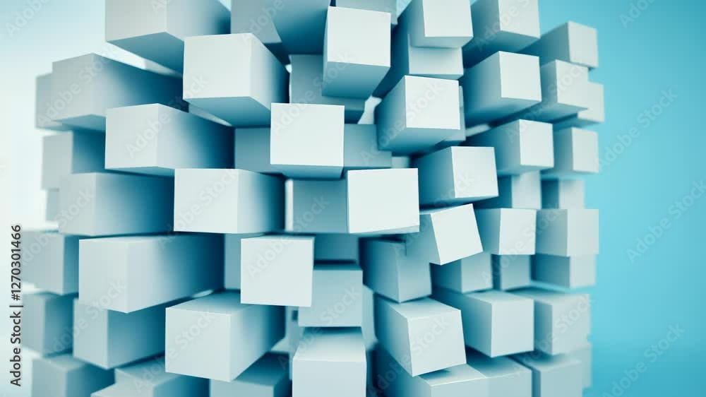 Poster abstract 3d shapes floating in space with reflective surface and light blue background for modern de